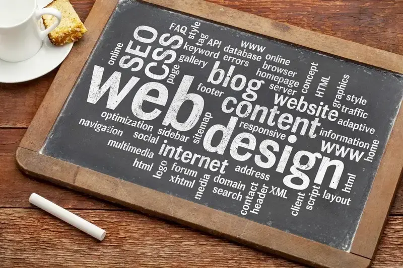 Tabuľa s nápismi web design, blog, conteng atď.